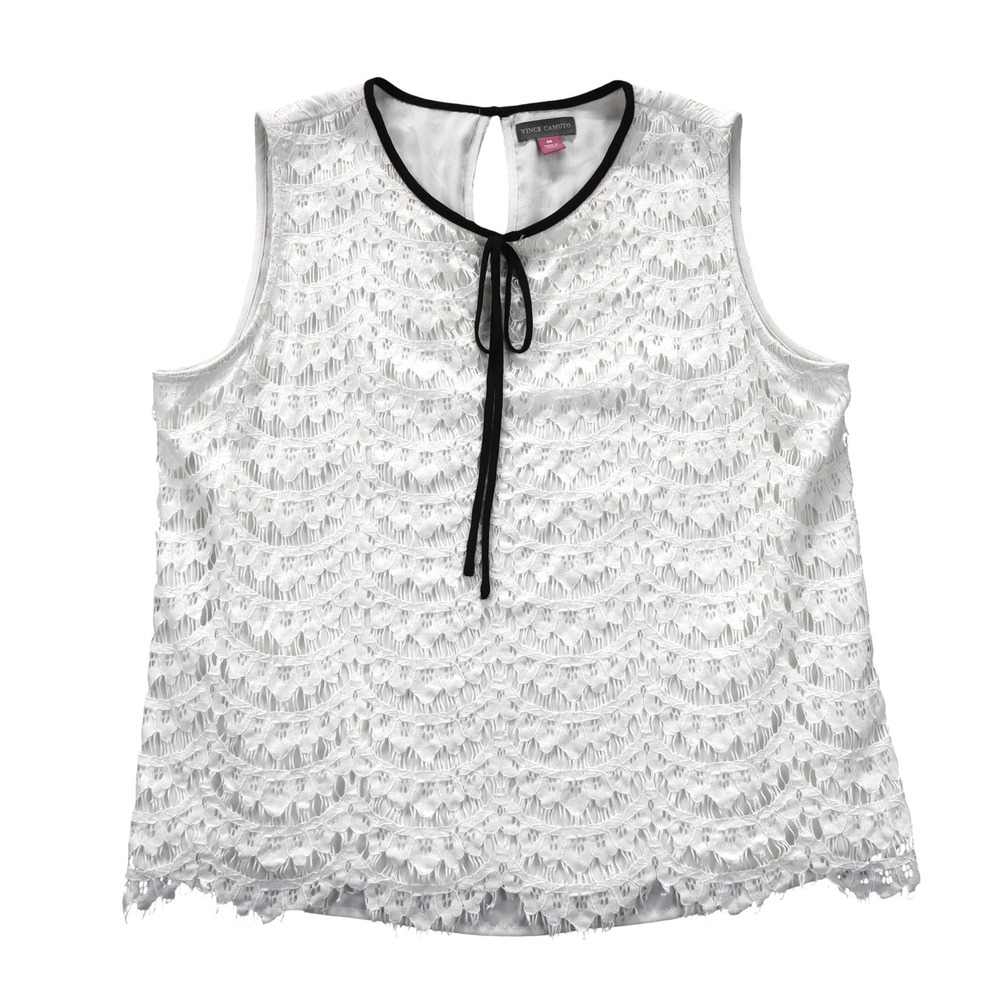 Vince Camuto Women's M Ivory Lace Sleeveless Tie Neck Bow Blouse Top White Black